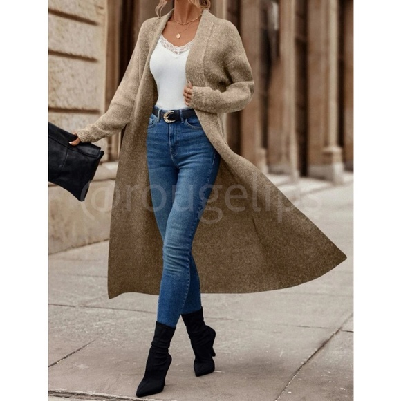 Tan Duster Shawl Cardigan Knit Long Open Long Sleeve - Picture 4 of 9